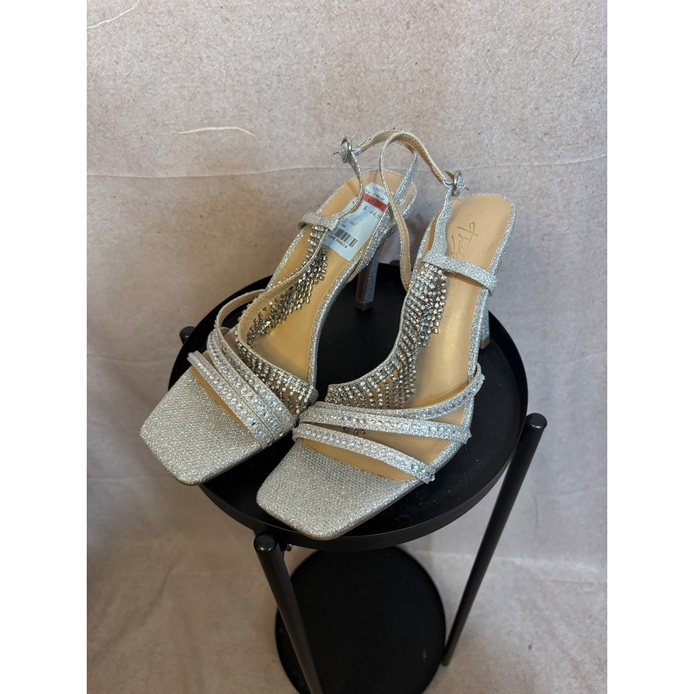 Thalia Sodi Skylar Silver Glitter‎ Rhinestone Fringe Stiletto Sandals Heels 4"